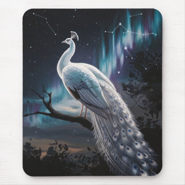 Schönes Weiß Pfau Aurora Borealis Landschaftlich Mousepad (Vorne)