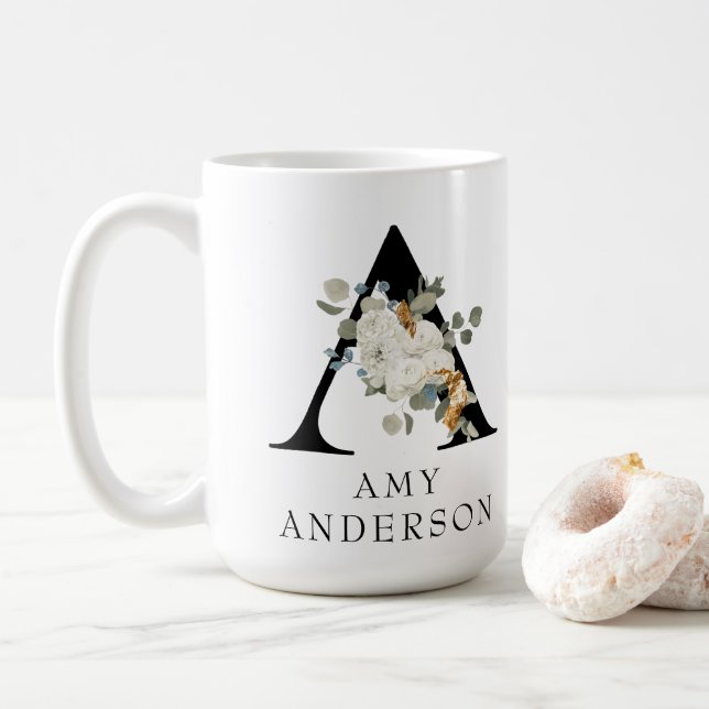 Schönes weißes Blumengold Akzente Monogramm A Kaffeetasse (Mit Donut)