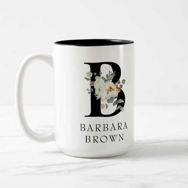 Schönes weißes Blumengold Akzente Monogramm B Zweifarbige Tasse (Links)