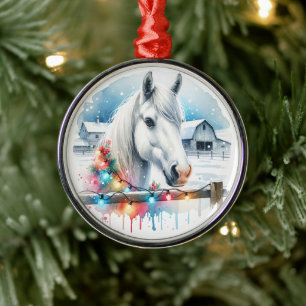 Schönes Weißes Pferd auf Bauernhof Weihnachten Ornament Aus Metall