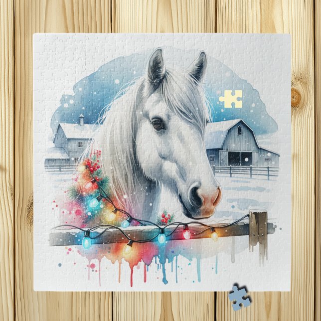 Schönes Weißes Pferd auf Bauernhof Weihnachten Puzzle (Von Creator hochgeladen)