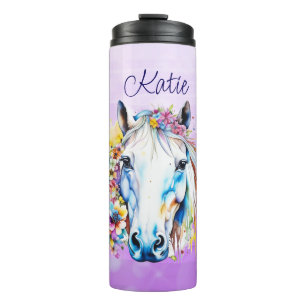 Schönes weißes Pferd Florales Personalisiert Thermosbecher