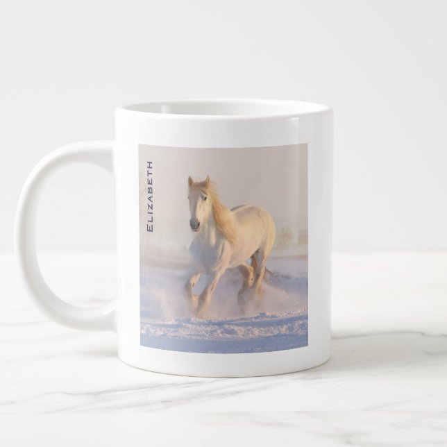 Schönes Weißes Pferd Galloping im Schnee Jumbo-Tasse (Links)