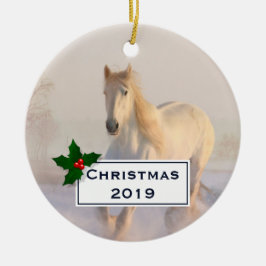 Schönes Weißes Pferd Galloping im Schnee Keramik Ornament