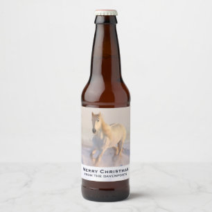 Schönes Weißes Pferd Galopp im Schnee Weihnachten Bierflaschenetikett