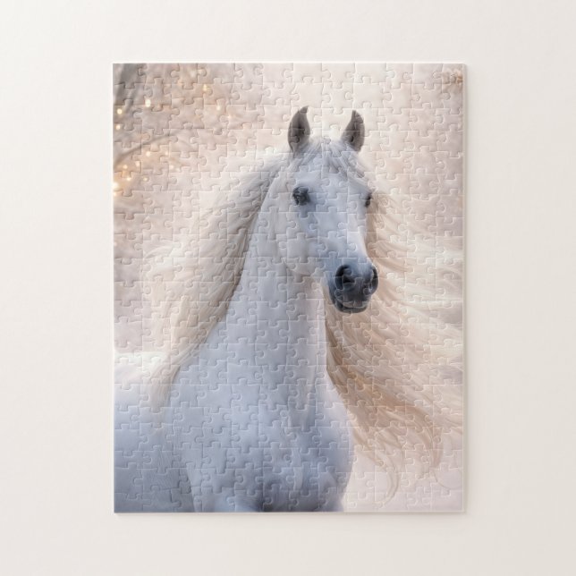 Schönes weißes Pferd im Schnee Urlaub Puzzle (Vertikal)