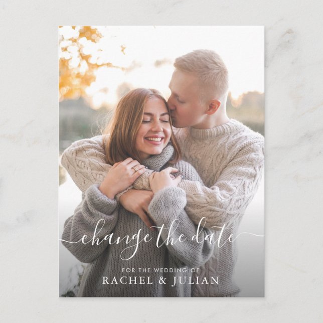 Schönes, weißes Skript ändert das Datum Postkarte (Vorderseite)