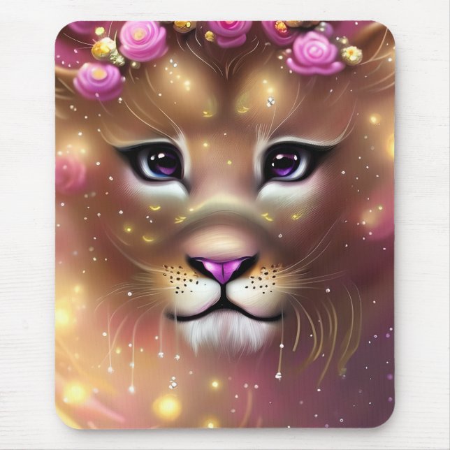 Schönes Whimsical Fantasy Girl Löwe Mousepad (Vorne)