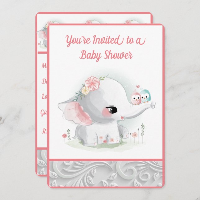 Schönes White Baby Girl Elephant Einladung (Vorne/Hinten)