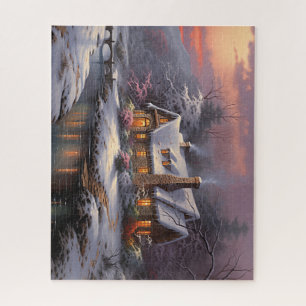 Schönes Winterhäuschen bei Sonnenuntergang Puzzle