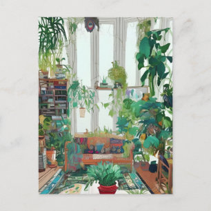 Schönes Wohnzimmer voller tropischer Pflanzen AI  Postkarte