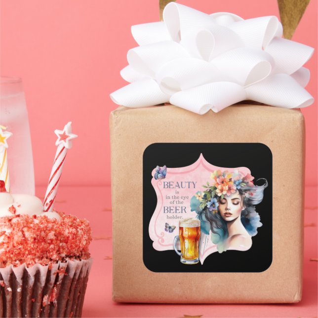Schönheit im Auge der Vintagen Bierhütte Quadratischer Aufkleber (Party)