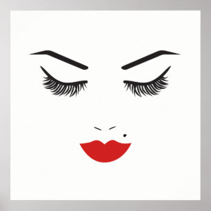 Schönheit Make-up Gesicht Wimpern & Rote Lippen Ch Poster
