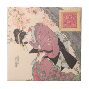 Schönheiten unter Kirschblüten Vintage Ukiyo-e Fliese