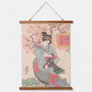 Schönheiten unter Kirschblüten Vintage Ukiyo-e Wandteppich Mit Holzrahmen