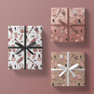 Schönheitsdoodles niedliches rosa Make-up + Kosmet Geschenkpapier Set
