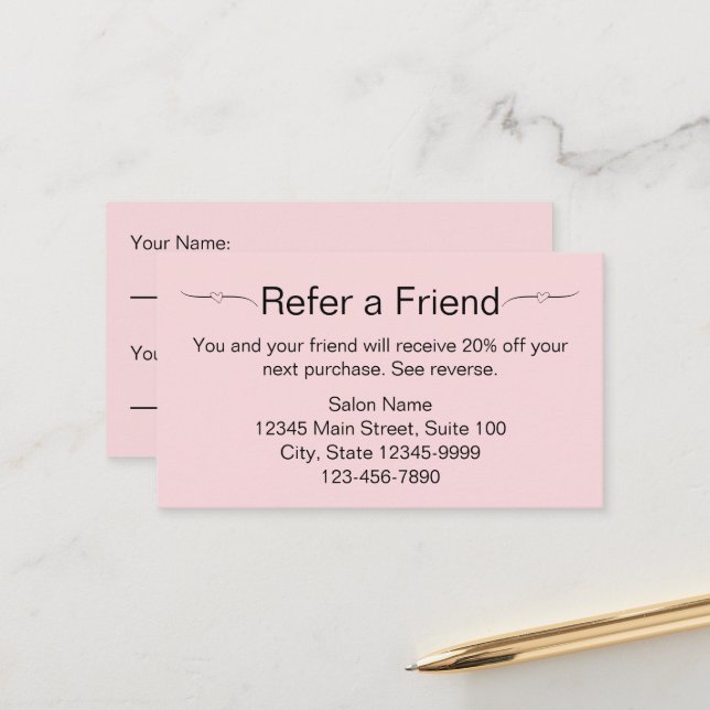 Schönheitssalon Pink und Black Refer a Friend Card Terminkarte (Vorderseite/Rückseite Beispiel)