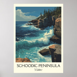 Schoodic Halbinsel ME Vintage Küstenwellen Kunst Poster