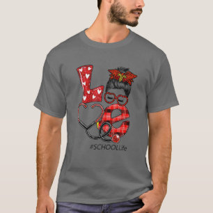 School Nurse Kariert Leopard Liebe Heart Messy Bun T-Shirt