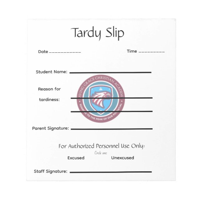School Tardy Slip Notizblock (Vorderseite)
