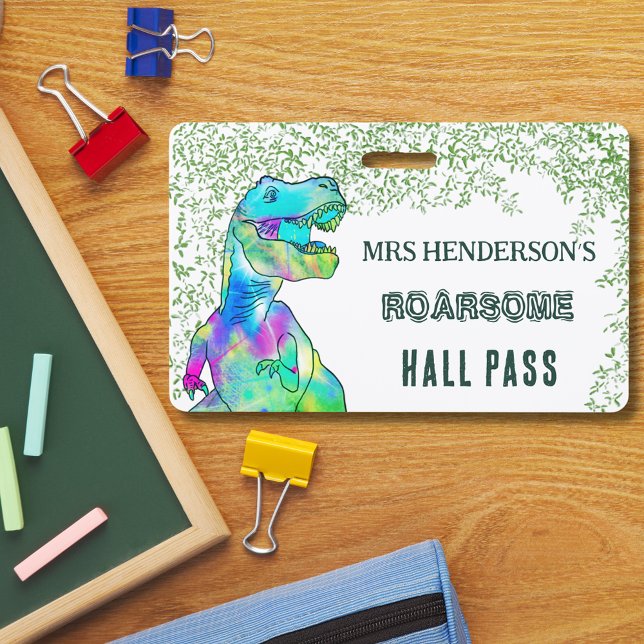 School Teacher Hall Pass Dinosaur Roarsome Ausweis (T-rex dinosaur school teacher personalized hall pass colorful tyrannosaurus roarsome green script)