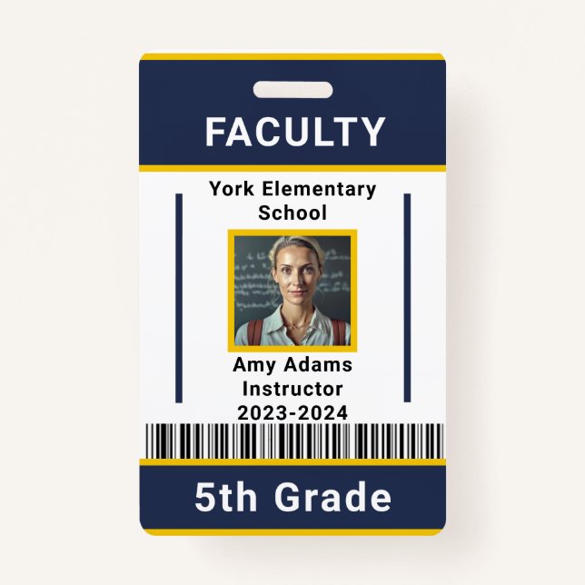 School Teacher ID Badge Template With Barcode Blue Ausweis (Vorderseite)