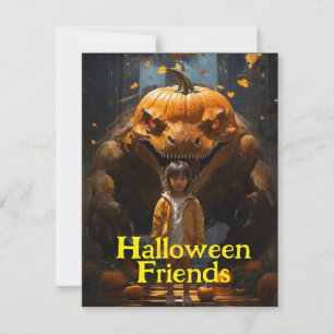 Schoolgirl und Pumpkin Dinogoblin Halloween Feiertagskarte