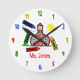 Schoolhouse & Crayons Teacher Clock Runde Wanduhr
