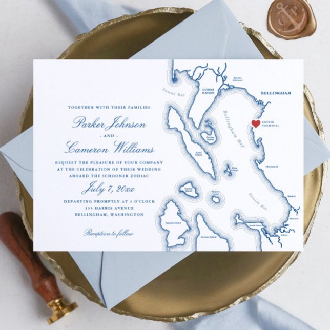Schooner Zodiac Bellingham Bay WA Map Wedding Einladung (Elegant Bellingham Washington Schooner Zodiac Wedding Invitation in navy blue by Coastal Map Designs)