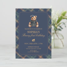 Schottenmuster-Mädchen-Teddy-Navy-Geburtstag 1. Ge