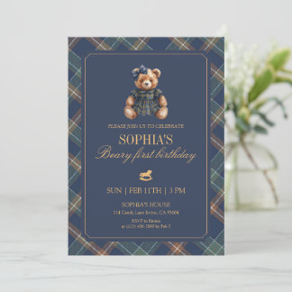 Schottenmuster-Mädchen-Teddy-Navy-Geburtstag 1. Ge Einladung