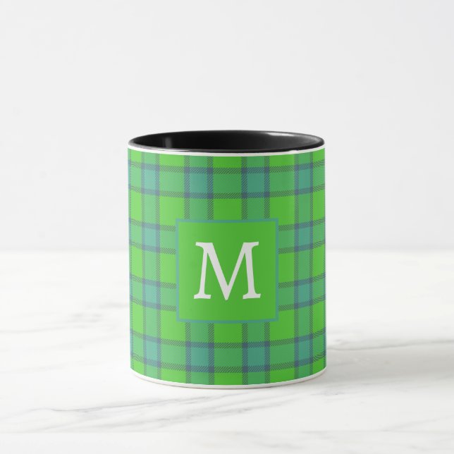 Schottisch grün & blau kariert Tartan Monogramm Na Tasse (Zentrum)