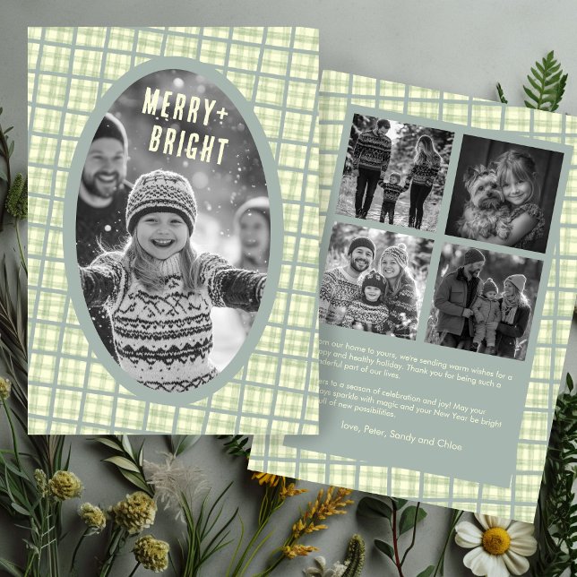 Schottisch Kariert Gingham Weihnachten Benutzerdef (Sage Plaid Gingham Christmas Custom 5 Photo Collage Holiday Card
)