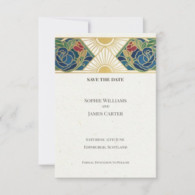 Schottische Art Deco Save the Date Karte (Vorderseite)