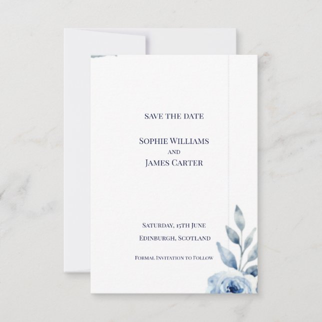 Schottische Blaue Blatt Botanische Minimale Hochze Save The Date (Vorderseite)