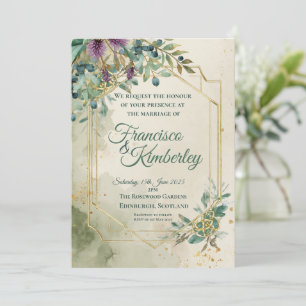 Schottische Distel-Aquarell-Goldrahmen-Hochzeit Einladung
