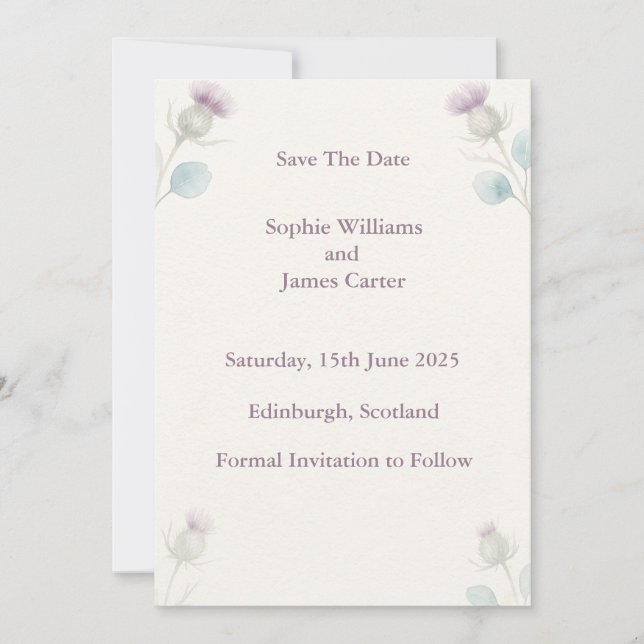 Schottische Distel-Aquarell-Hochzeit Save The Date (Vorderseite)