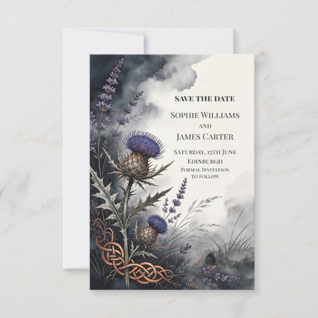 Schottische Distel-Erbe-Hochzeit - Rettet das Datu Save The Date (Vorderseite)