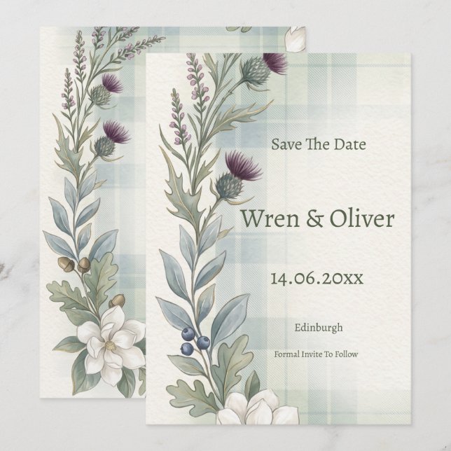 Schottische Distel-Heide-Wildblume - Hochzeitseinl Save The Date (Vorne/Hinten)