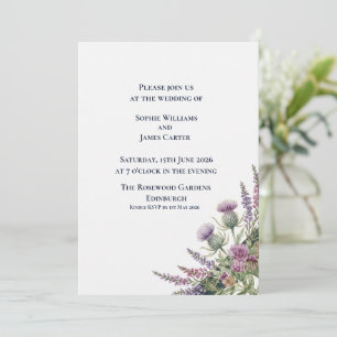 Schottische Distel-Lavendel-Eckenbouquet-Hochzeit Einladung