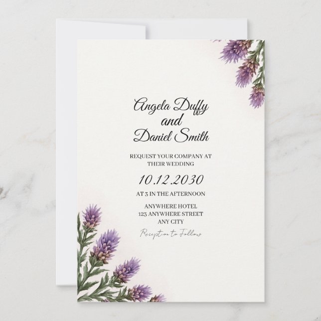 Schottische Distel-Script-Hochzeitseinladung Einladung (Vorderseite)