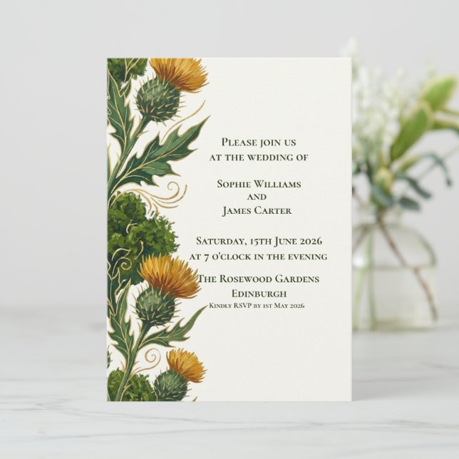 Schottische Gelbe Distel Goldene Wirbel Hochzeit Einladung (Stehend Vorderseite)