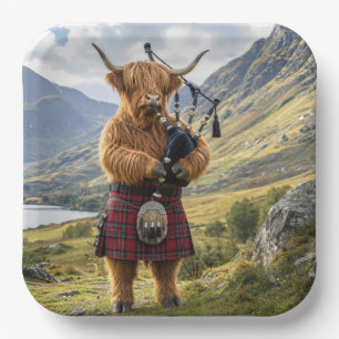 Schottische Highland-Kuh spielt auf den Dudelsäcke Pappteller