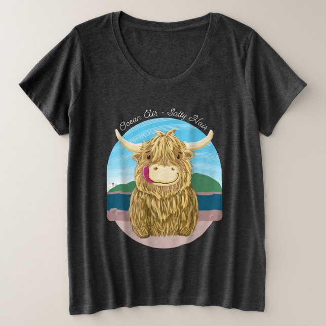 Schottische Hochland-Kuh mit dem Ozean-salzigen Große Größe T-Shirt (Design vorne)