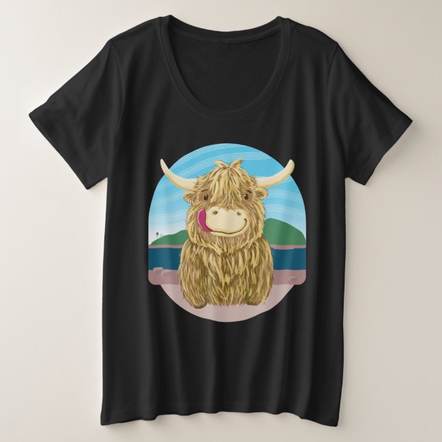 Schottische Hochlandkuh am Strand Große Größe T-Shirt (Design vorne)