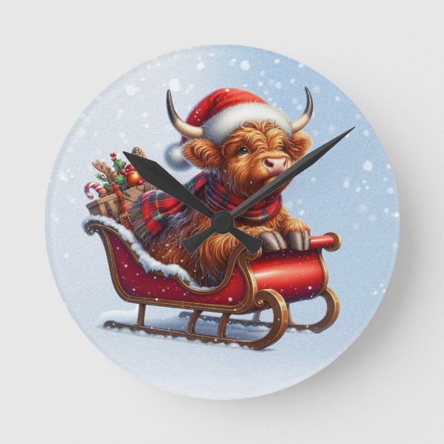 Schottische Hochlandkuh in Schlitten Runde Wanduhr (Vorderseite)