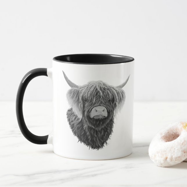 Schottische Hochlandkuh mit windgekehrtem Haar Tasse (Mit Donut)
