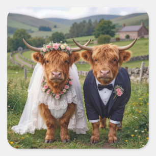 Schottische Hochzeit Highland-Kühe Quadratischer Aufkleber