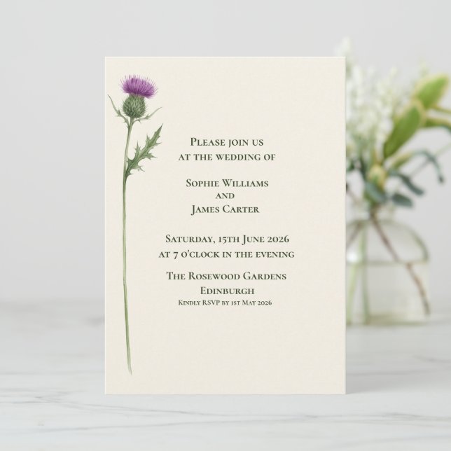 Schottische Single-Distel-Botanical-Hochzeit Einladung (Stehend Vorderseite)