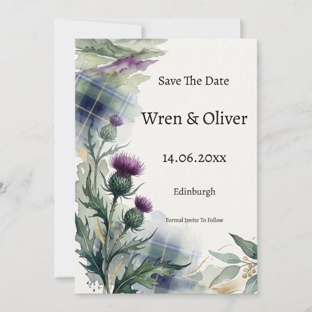 Schottische Tartan Distel Blumen Save the Date Kar (Vorderseite)